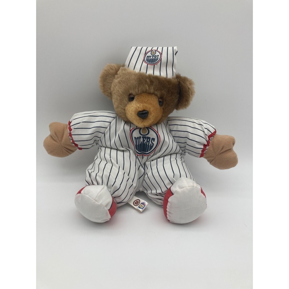 Vintage Edmonton Oilers Plush Teddy Bear Pinstripe Nightcap Good Stuff NHL